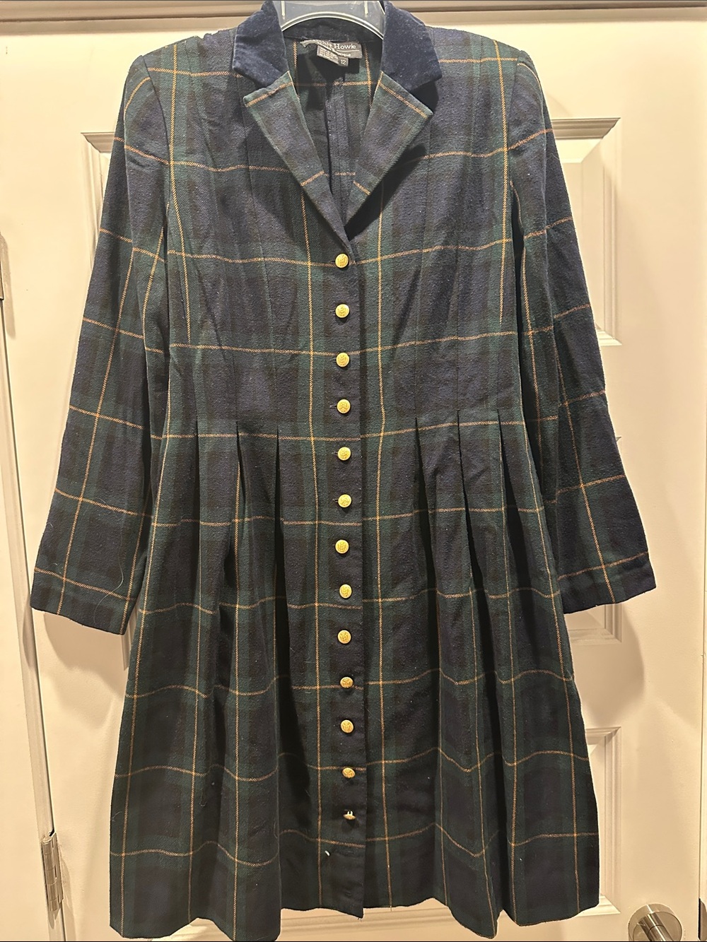 Vintage Cynthia Howie Navy and Green Plaid Long-Sleeve Pleated Button Dress